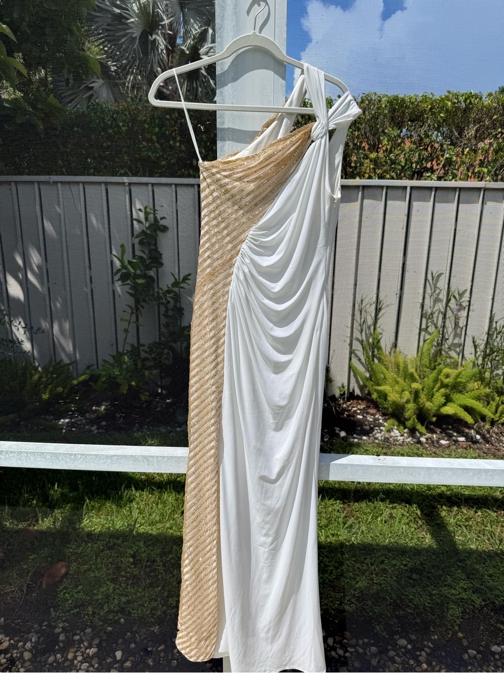 Cache One-Shoulder White and Gold Draped Evening Gown